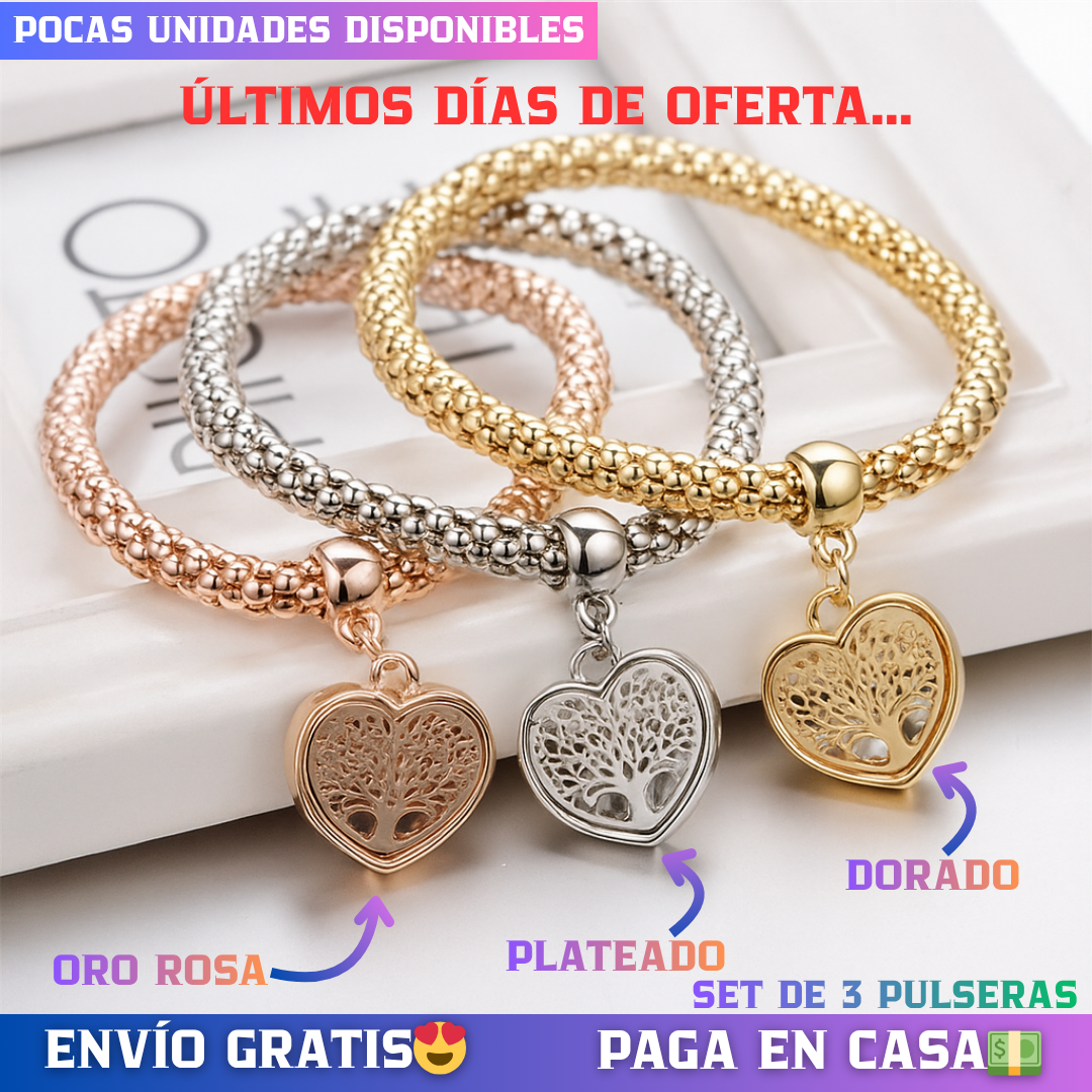 💎SET DE PULSERA CON CORAZÓN (ORO ROSA, DORADO y PLATEADO)🛍️